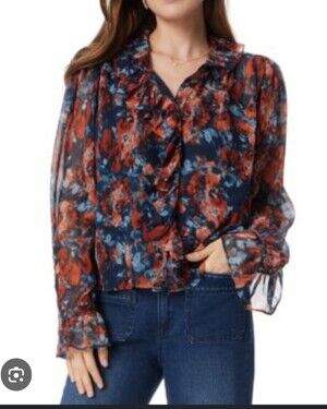 Sam Edelman Navy Floral Button-Down Blouse with Rust and Light Blue Accents